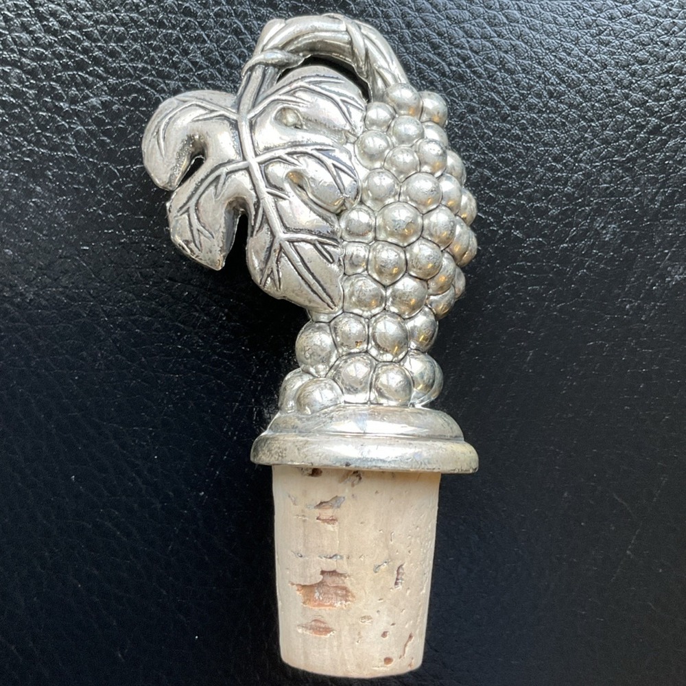 Vintage Cork Bottle Stopper topper Ornate Grape Leaf beautiful MCM HTF Pewter